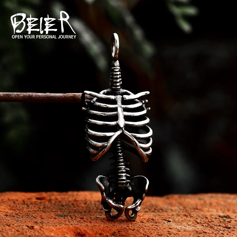 BEIER 2023 New Fashion Stainless Steel Skull Rib Skeleton Pendant For Men Punk Biker Vintage Retro Jewelry For Men Wholesale