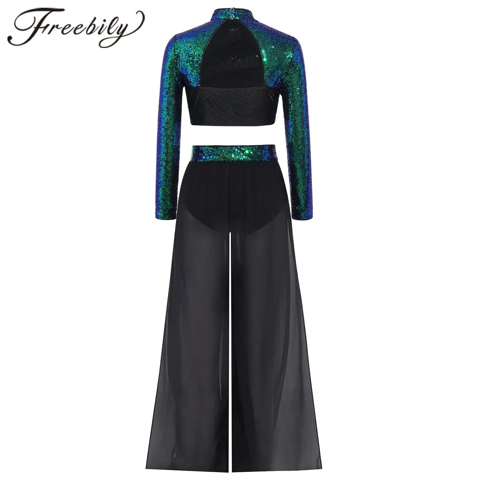 

Girls Performance Suit Lyrical Dance Hip Hop Clothes Modern Ballet Jazz Dance Costume Sequin Crop Top with Skirts Trousers
