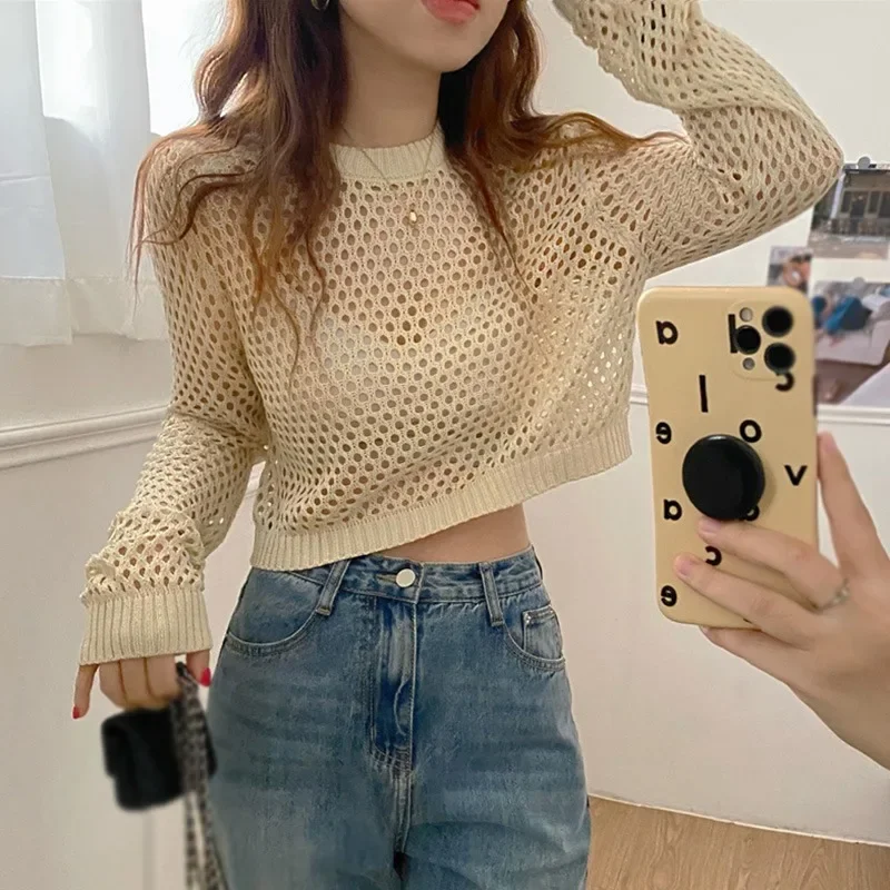 Women's Knitted Top Sexy Transparent Loose Summer Mesh Pullovers Top Long Sleeve Basic Oversized Sweater Female