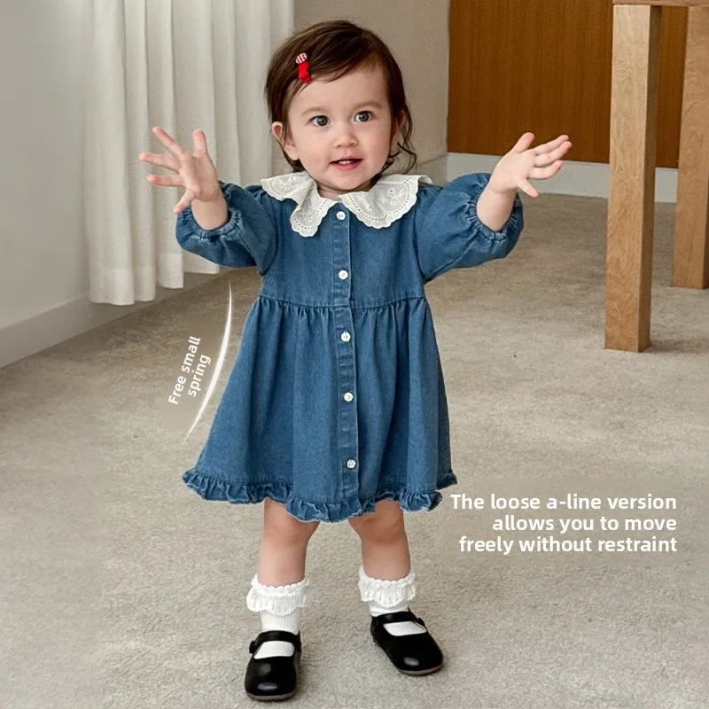 

Girls' Lace Collar Denim Skirt 2025 New Autumn Baby Stylish Korean Version Dress Children's Solid Color Dress Fashionable