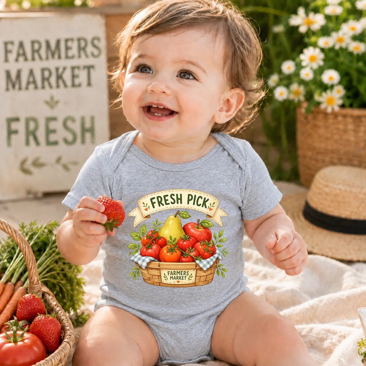Fresh Pick Farmers Market Fruit Vegetable Print Baby Bodysuit Short Sleeve Newborn Onesie Infant Boys Girls Summer Triangle Romp