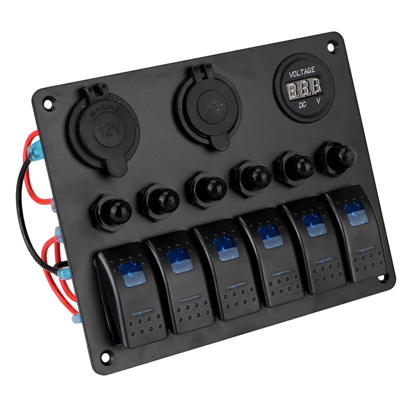 

A20K-Universal Car RV 6 Switch Panel 12/24V Rocker Panel Voltmeter USB Charger Circuit Breaker Tester Light Toggle