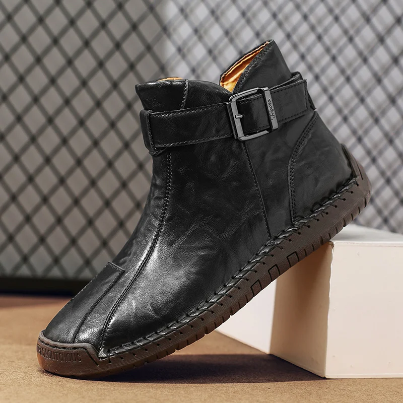 Handmade Leather Men Boots With Fur Split Casual Winter Ankle Boots Plus Size 39-47 Leisure Footwear For Male Hombres Botas