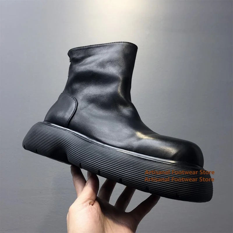 

Thick-Soled Men's Boots Black Leather Back Zipper Ankle Booties Soft Leather High Top Leather Shoes Trendy Handmade Men's Shoes