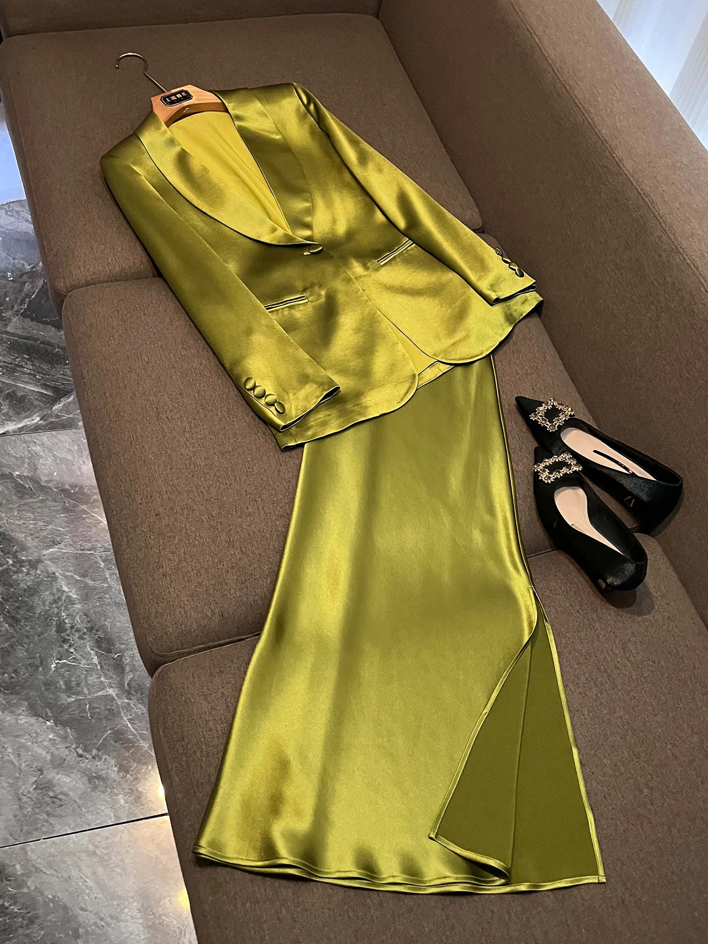 

Summer 2026 Vanilla Green Slim Fit Suit Set for Women Commute Workplace Elegant Two Piece Set High Waist Pants Long Sleeve
