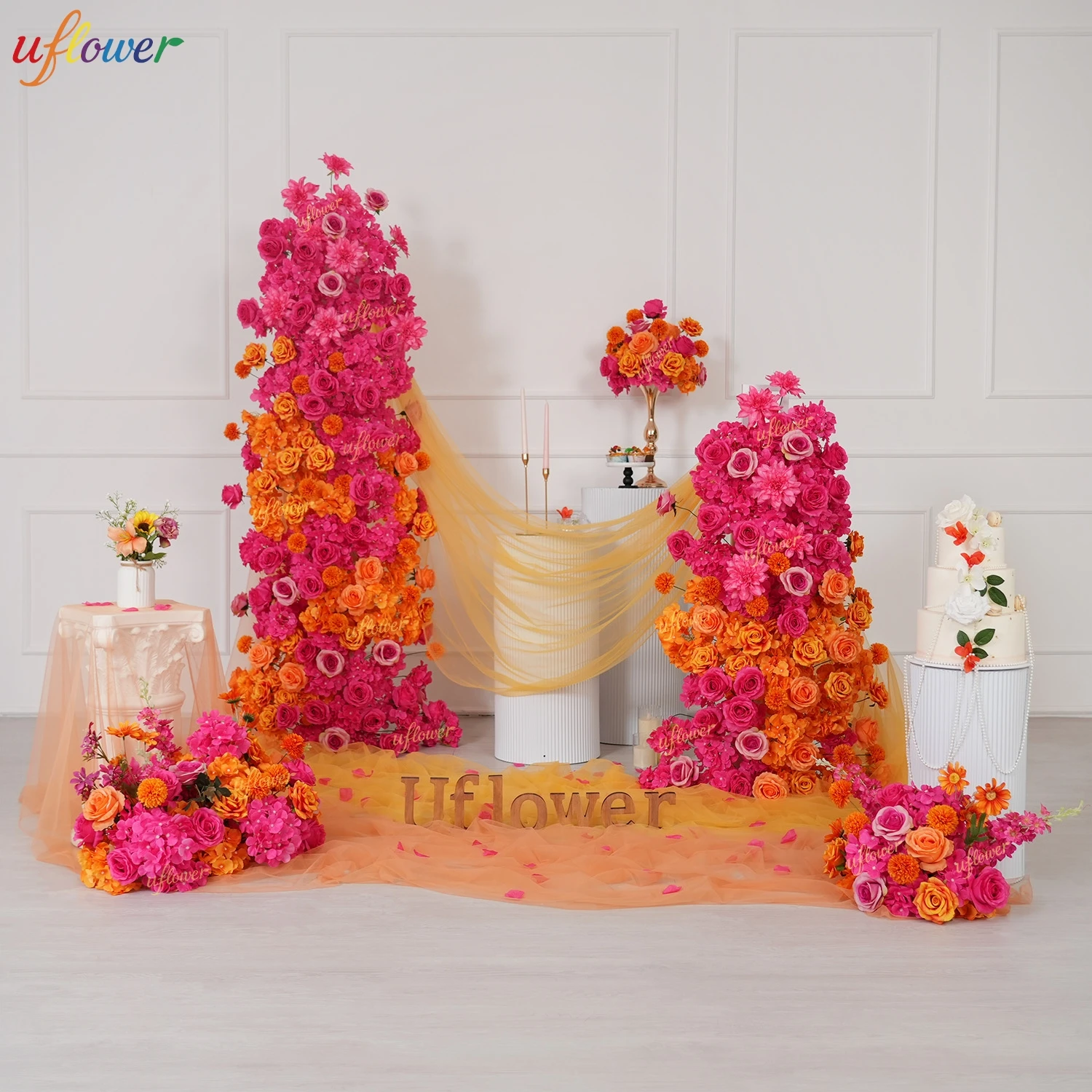 Uflower Hot Pink Orange Rose Artificial Flower Wedding Decor Sofa Runner Table Floral Arrangement Road Lead Flower Party Props
