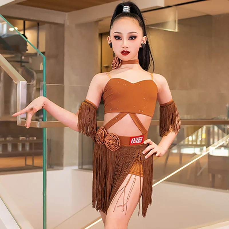 Vêtements de danse latine pour enfants filles, bretelles Spaghetti, dos nu, jupes à franges, ensembles de Costumes de spectacle de Festival Rumba
