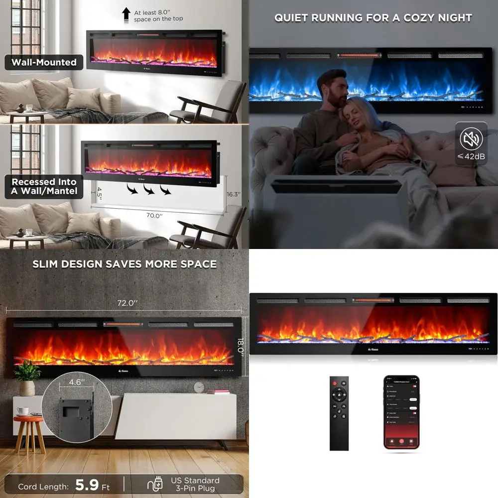 

Инфракрасный электрический камин 72 дюйма со звуком, кварцевый нагреватель 1500 Вт, настенный, регулируемое пламя, управление пультом и через приложение