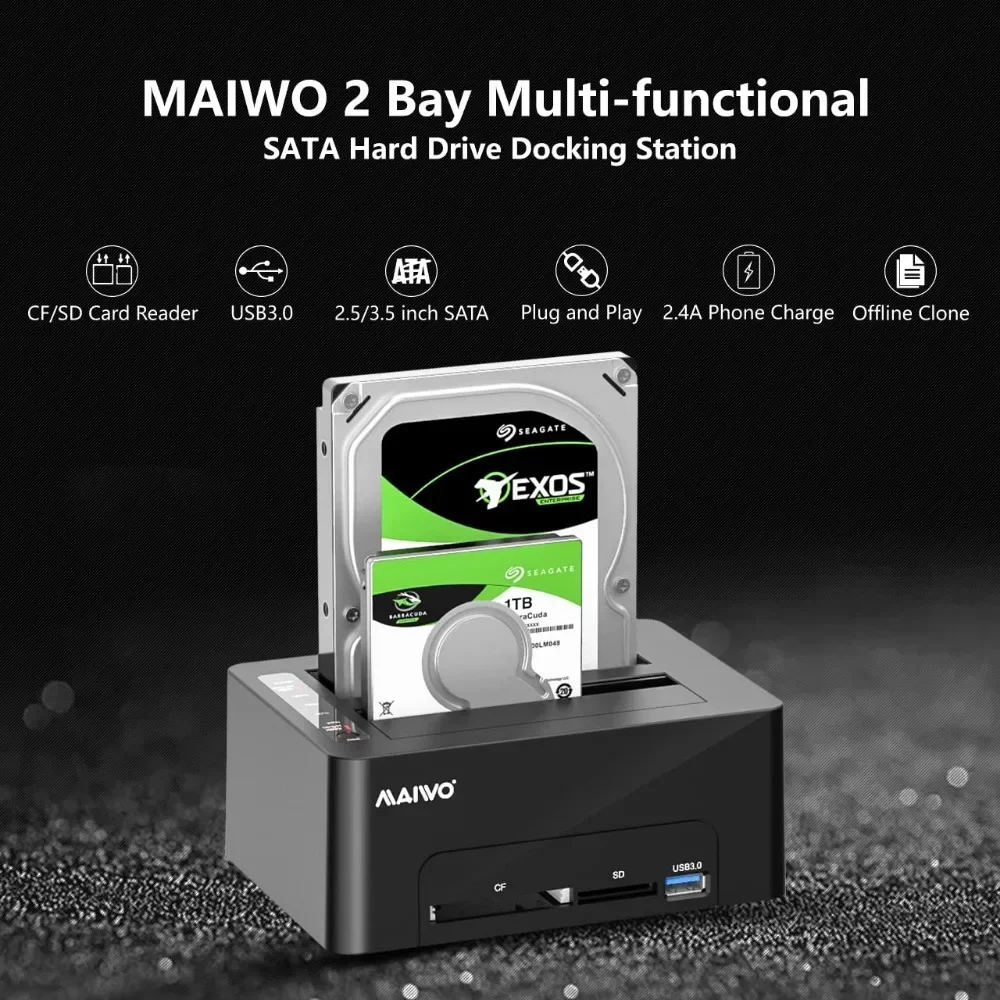 MAIWO Dual-slot Hard Drive Expansion Dock with Offline Cloning, Suitable for 2.5/3.5-inch SATA HDD, Supports Reading CF&SD Cards