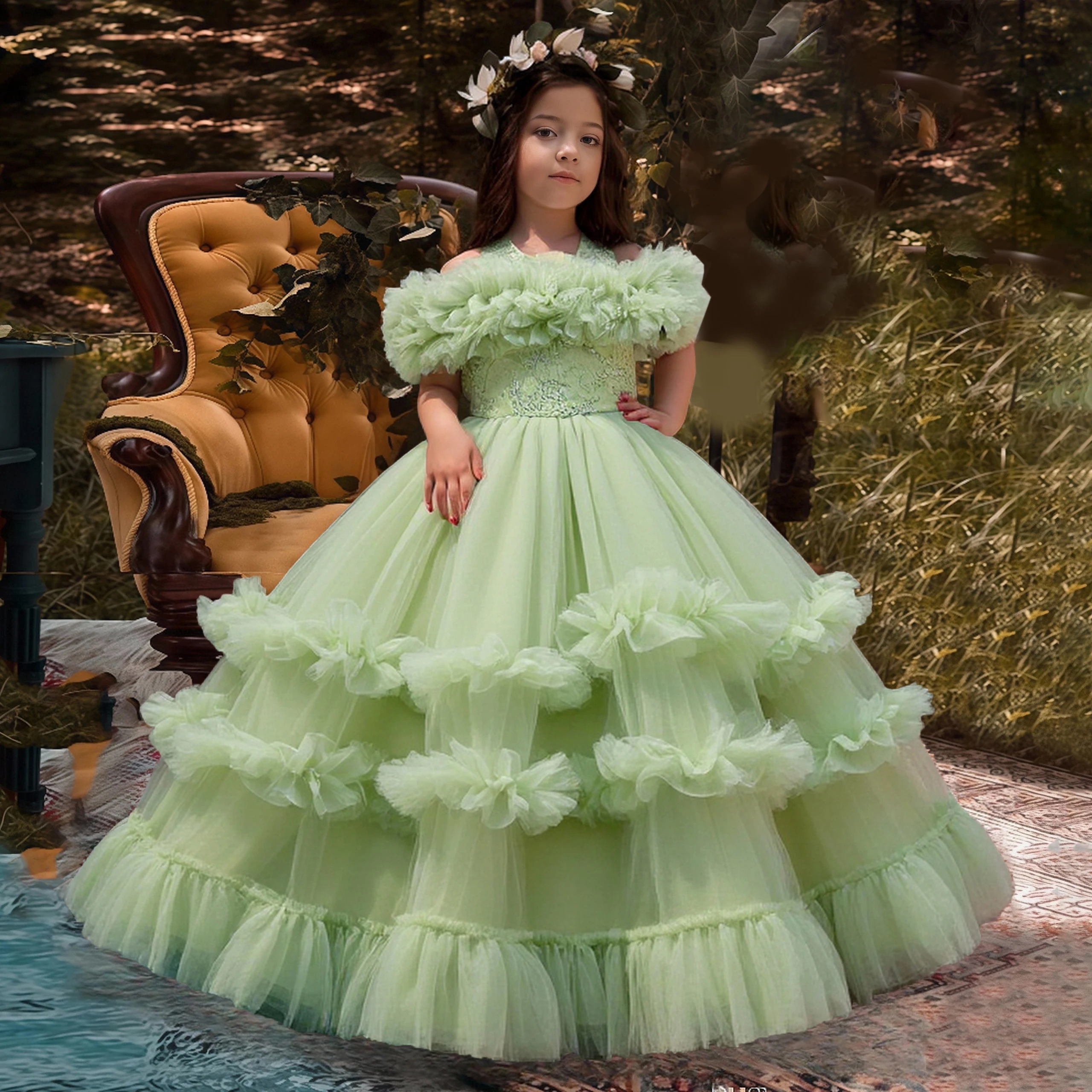 

Elegant Party Girls Dress Fluffy Tulle Birthday Bridesmaid Wedding Princess Prom Dresses Flower Graduation Evening Kids Clothing