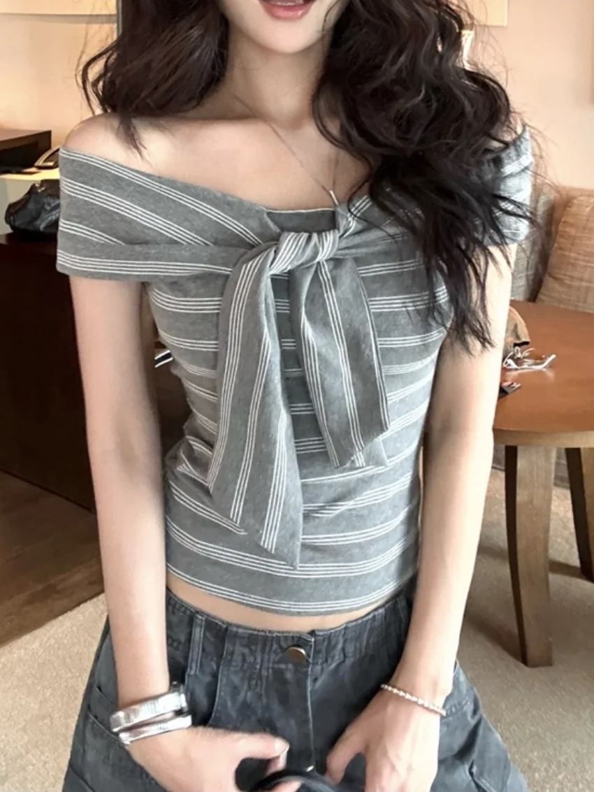 Alien Kitty Summer Stripes T-Shirts Women Short Sleeve Gentle 2025  Slim-Fit New Casual Slash Neck Off Shoulders Daily Tees #3