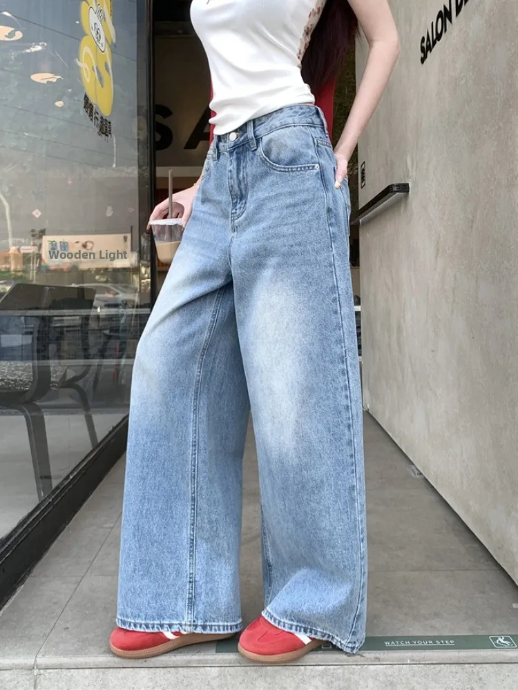 

Blue High Waist Wide Leg Jeans Women's Spring Summer Casual Loose Fit Straight Cut Long Pants Vintage Washed Versatile