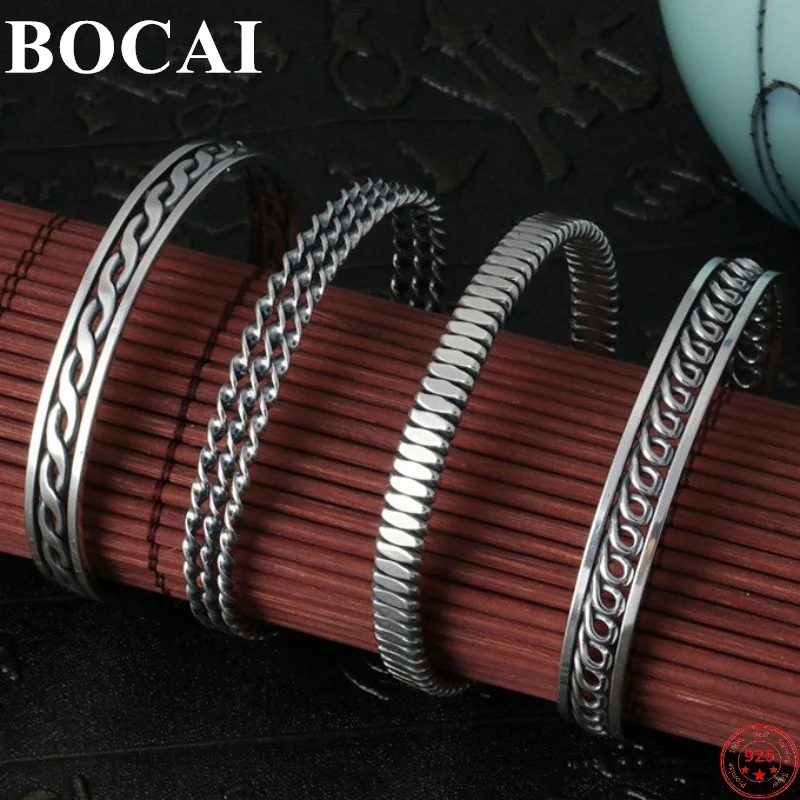 

BOCAI S925 Sterling Silver Charms Bracelets for Women Men New Fashion Weaven-Pattern Totem Hollow Bangle Jewelry Free Shipping