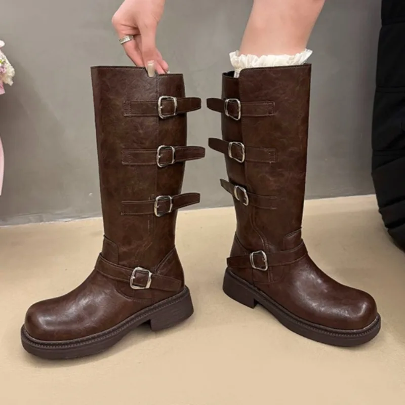 Fashion Buckle Mid Heels Women Long Boots 2025 Designer Elegant Dress Pumps Shoes Winter New Trends Chunky Knee Boots De Mujer