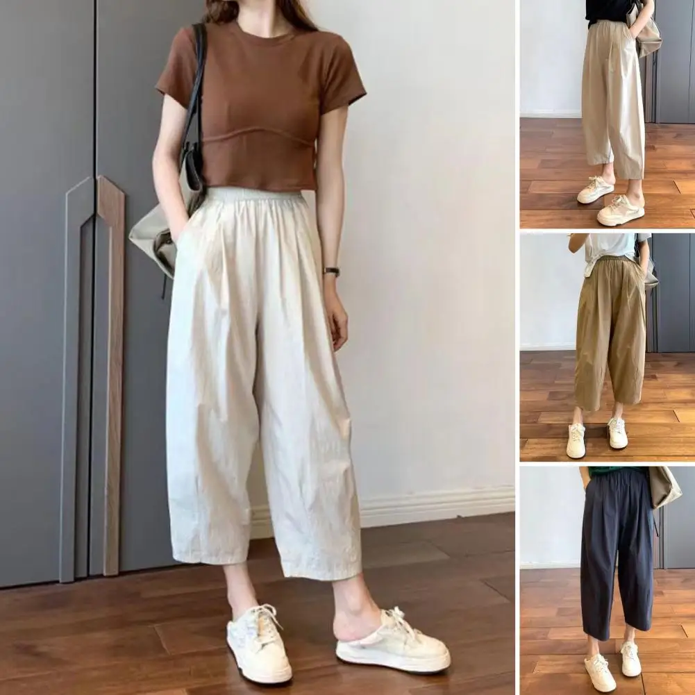 Summer Pants Wide Leg Women's Harem Pants Elastic Waist Adjustable Drawstring Multi-pocketed Casual Trousers for A Stylish