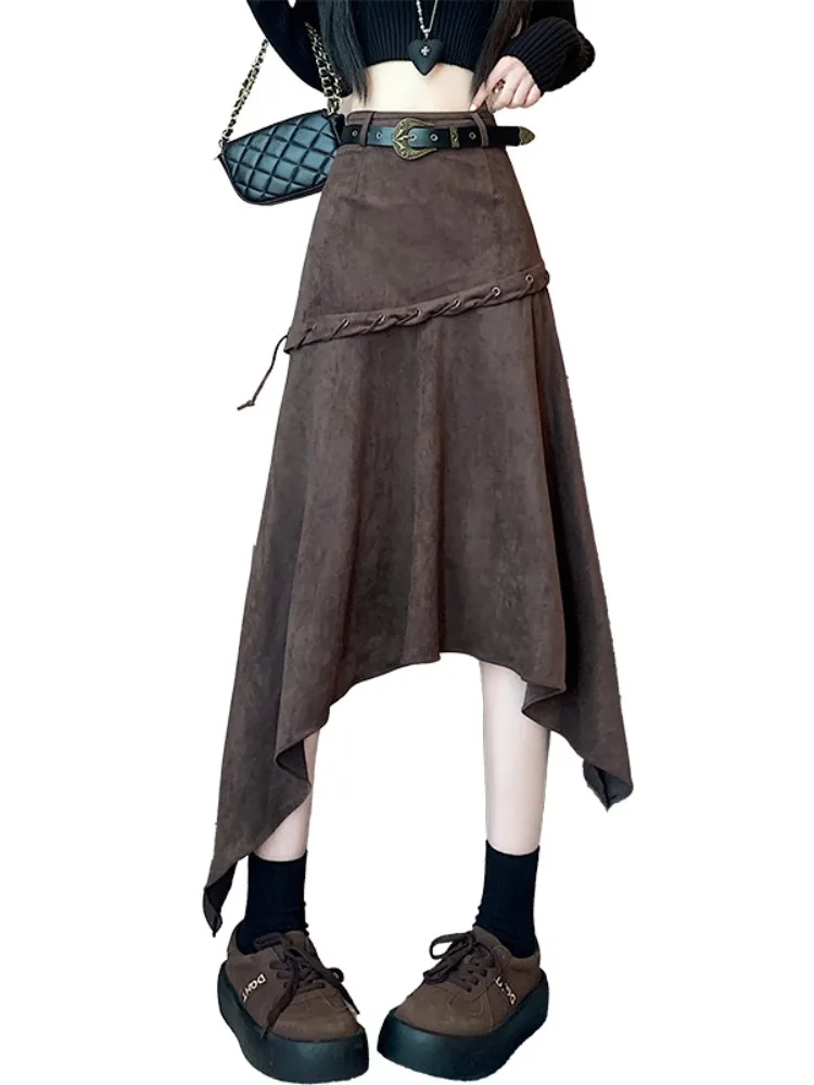 Suède f-lengte Midi Paraplu Rok Dames Herfst Winter Kaki Plooirok Woon-werkverkeer Sle Hoge Taille A-lijn Lange Dr