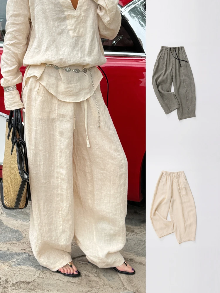 

Casual Stripe Brand Knife Pants Long Trousers l Waist Loose Fit Commute Sle Simple Elements Rope Door Snap