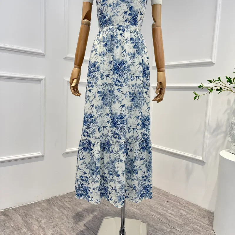 2024 Top Quality New Spring Summer Holiday Style Sky Blue Floral Printing Elegant Midi Tank Dresses Women