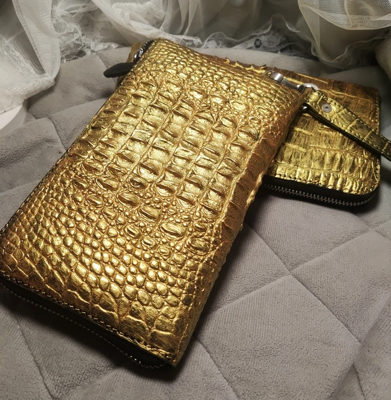 2023 New Luxury Golden Crocodile Leather Men\'s Clutch Bag High Capacity Zipper Passport Bag With Strap Leisure Clutch Wallets 45