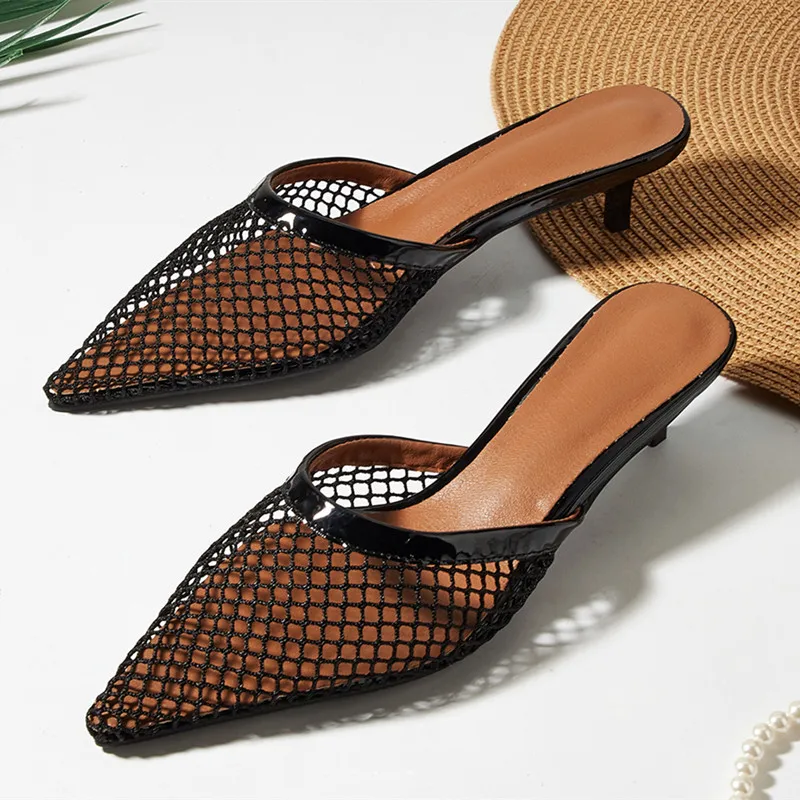 

Mesh Breathable Mid-Heel Women's Slippers Sexy Pointed-Toe Mules Sandals for Ladies Summer Slide Sandals Elegant Beach Shoes