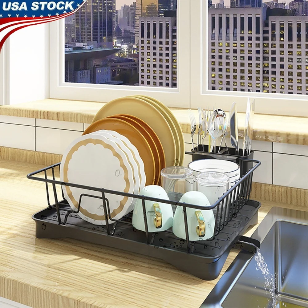 

Kitchen Countertop Organizer Dish Rack with Detachable Drip Tray Utensil Holder 360° Rotatable Water Outlet Space Saving Design