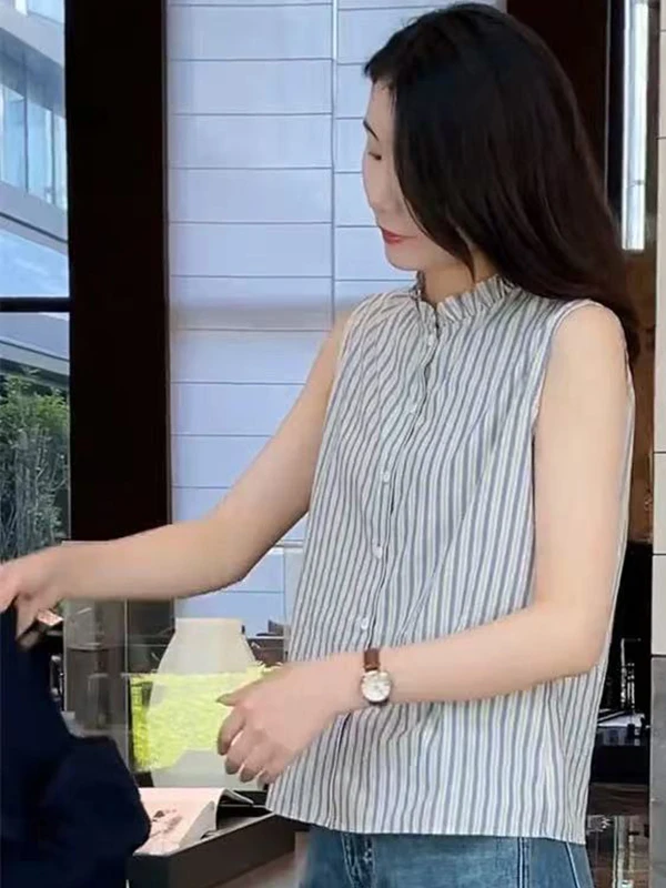 

Summer 2025 Women's Loose Striped irt Svel Stand Collar Vest Top Commute Sle Single Button Regular Length