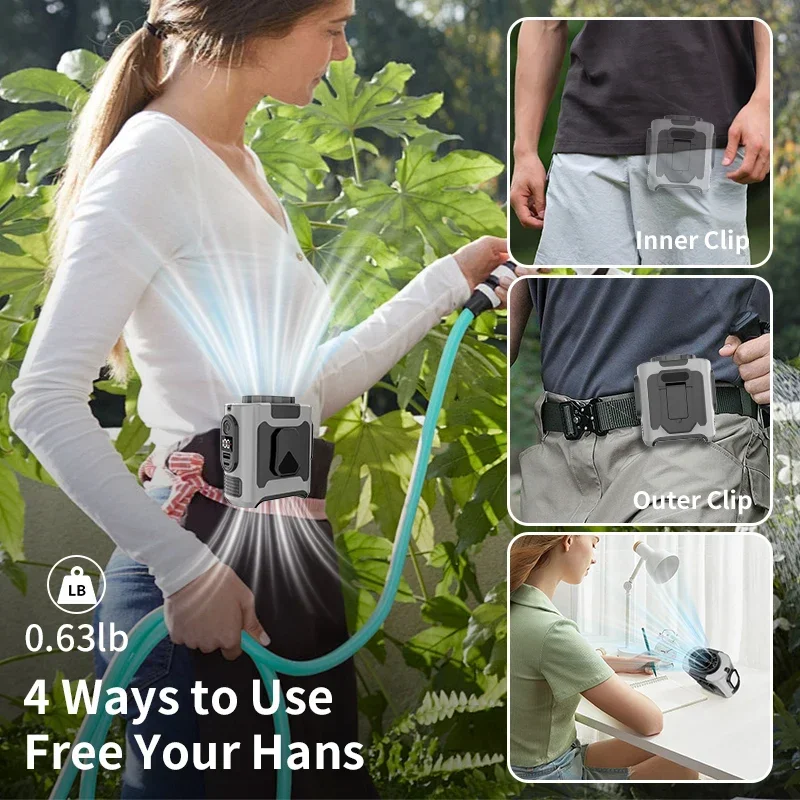 Portable Waist Fan & Neck Fan Power Bank 10000mAh Battery 130° Wide Angle Waist Clip Cooling Fan for Gardening Cycling Fishing