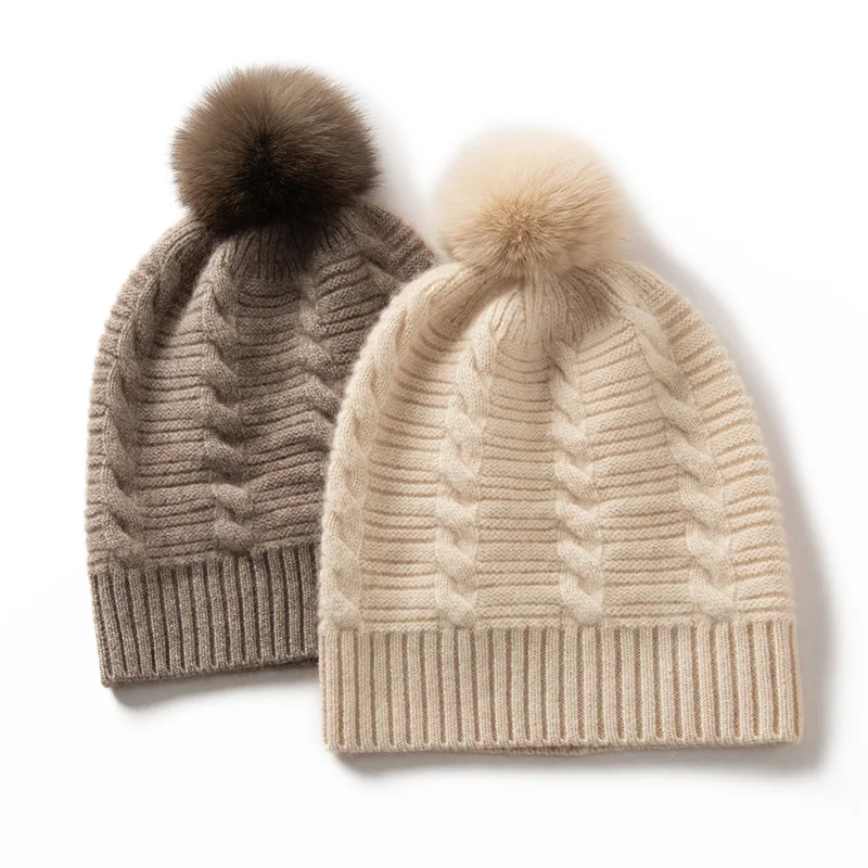 Autumn Winter New Fleece-Lined Hat for Women, 100% Cashmere Knitted Thickened Warm Ear Protection Hat with Pom-Pom for Cycling