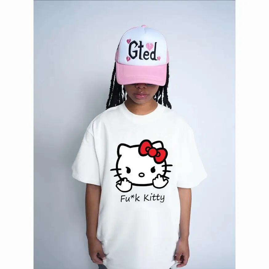 

Spoof Hello Kitty Heavy Cotton Funny Hello Kitty American Short-sleeved T-shirt Men and Women Couple Top Plus Size Feminino