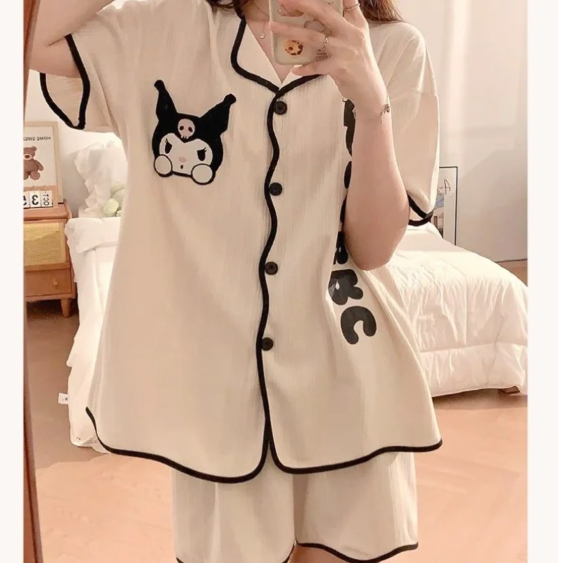 

Sanrio Kuromi Summer Sexy Pajama Set Cuteore Cartoon Women's Sleepwear Short Sleeve Shorts Nightwear Student Casual Home Clothes