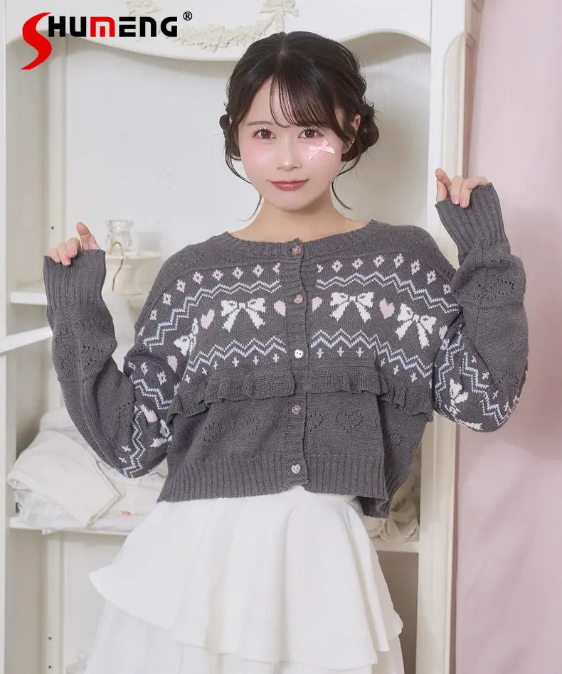 

2026 Spring Japanese Sweet Cute Girl's Bow Sweater Round Neck Long Sleeve Single-breasted Hollow Knitted Short Cardigans Women