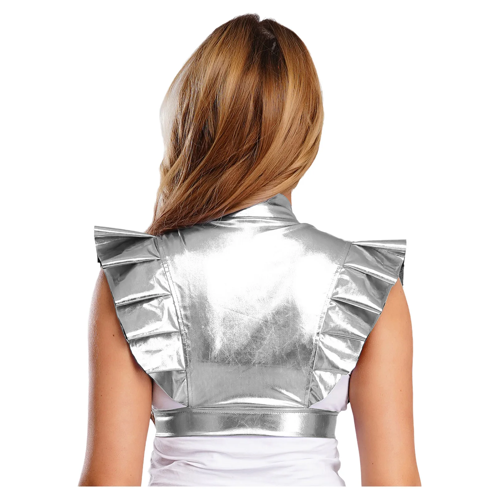 เสื้อครอปท็อปผู้หญิงสีเมทัลลิกเหลือบรุ้ง สำหรับงานปาร์ตี้ แต่งกายแนวเรฟ  พร้อมแผ่นป้องกันไหล่ แต่งระบาย  ด้านหน้าเว้า  สายรัดปรับได้ด้านล่าง