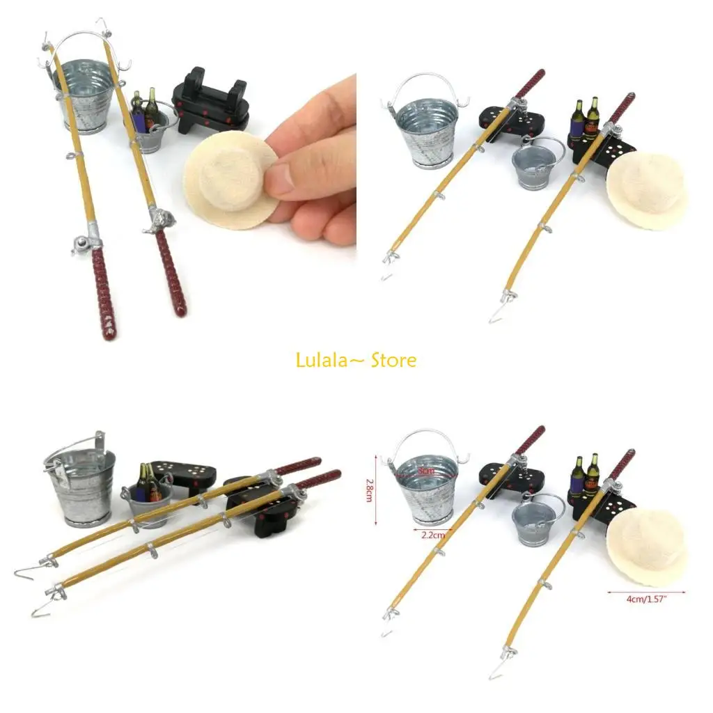 

Y4QA 1/12 Dollhouse Miniature Fishing Rod Hat Bucket Stool Model for Doll Life Scene for Doll House Decoration