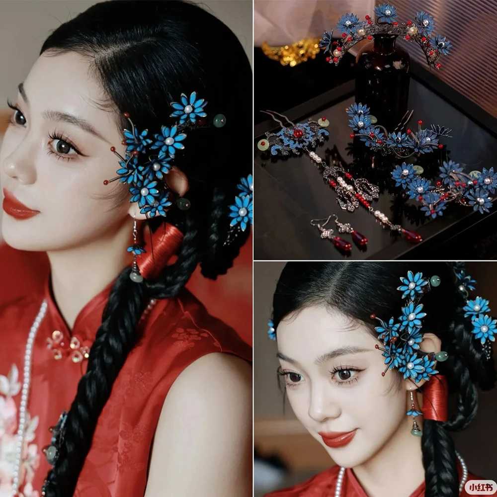 

Китайская винтажная заколка для волос с синим цветком династии Цин, свадебная одежда Hanfu Xiuhe, костюм, аксессуары для волос
