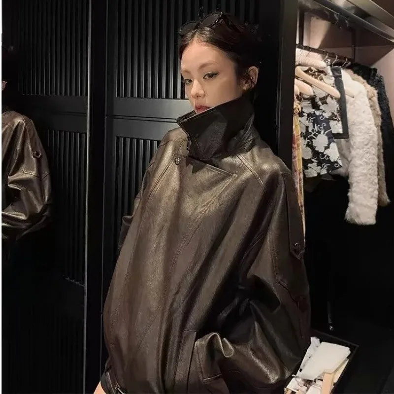 Ropa de abrigo nuevo estilo americano Retro envejecido marrón PU chaqueta de cuero primavera otoño con estilo callejero sensación de alta gama abrigo de mujer