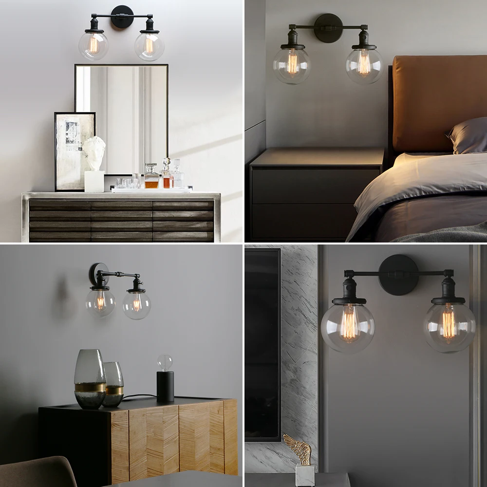 Phansthy Double Sconce โคมไฟติดผนัง 2 ดวงอุตสาหกรรมวินเทจพร้อมหลังคากระจกใส 5.9 นิ้ว (สีดํา)