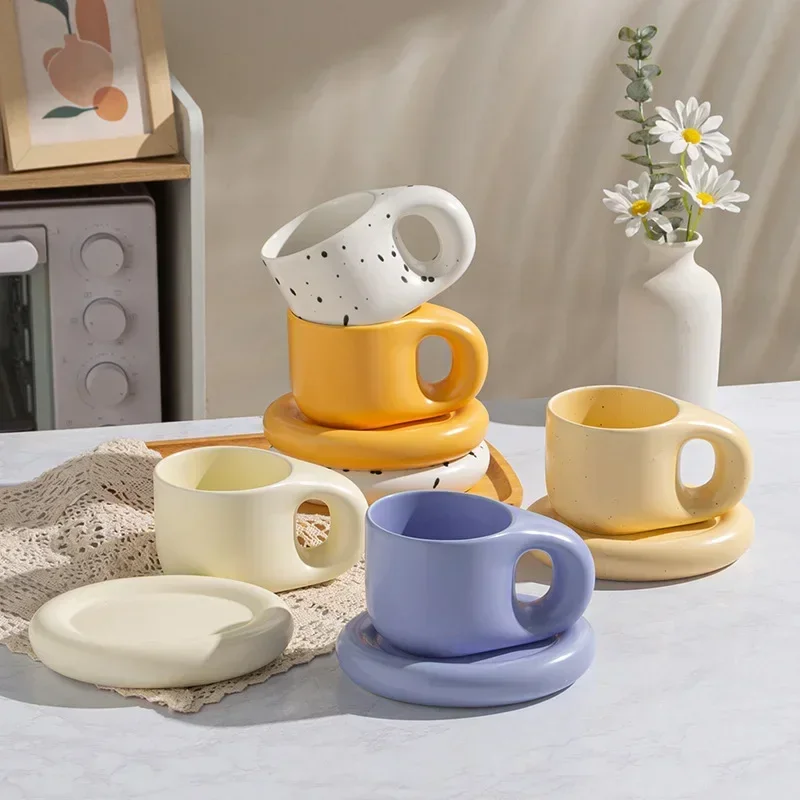 

Ceramic Coffee Chubby Mug Saucer Set Creative Cute Fat Handle Cup With Saucer For Office And Home Room Decor