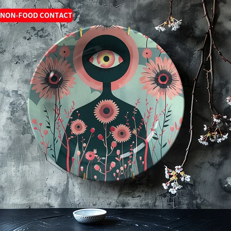 A Christmas Floral Body Art Ceramic Decorative Plate Featuring an Abstract Big Eye Design, Suitable for Wall Hanging And Home