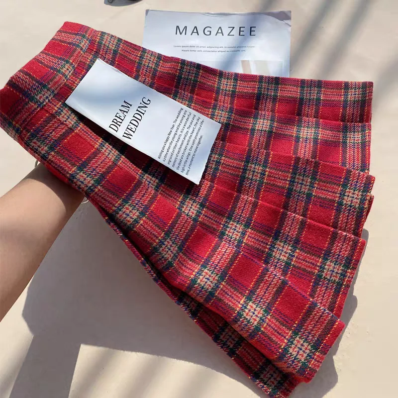 

Plaid Wool Pleated Skirt Women Spring New Anti-Peep High Waist Slimming College Style Midi Skirt