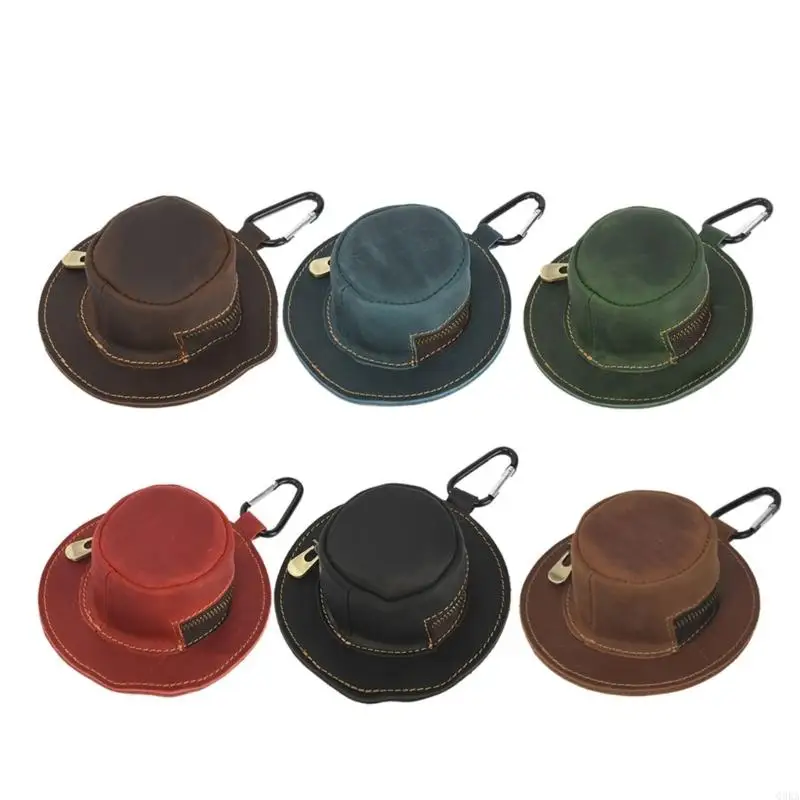 

Q0KA Genuine Leather Cowboy Hat Shaped Keychain Bag Small Coin Purse for Men Women