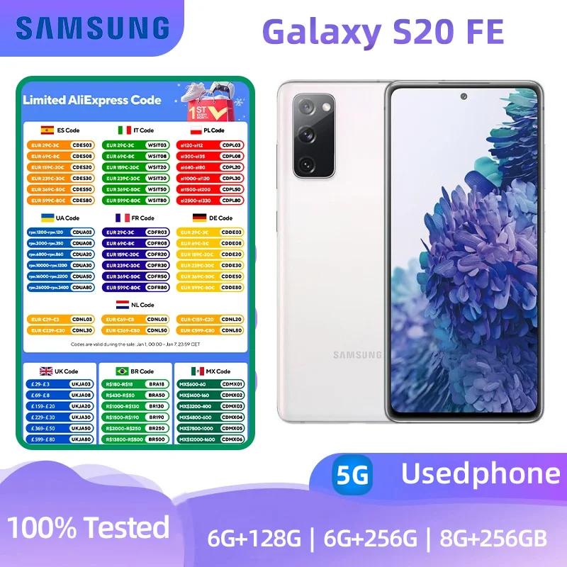 Samsung Galaxy S20 FE 5G G7810 128GB/256GB ROM AMOLED Snapdragon 865 Octa Core 6.5inch 32MP 6G/8GB RAM used Phone