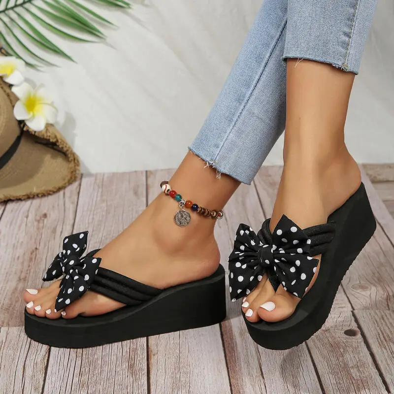 

Vintage Polka Dot Bowknot Wedge Heel Flip Flops Women Summer 2026 Soft Thick Bottom Slippers Plus Size Woman's Platform Slippers