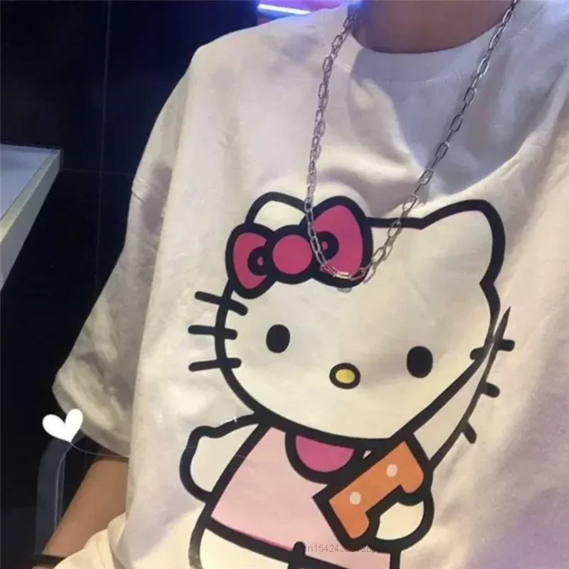 Cute Hello Kitty Sanrio T-Shirt Cotton Summer Y2K Loose Short Sleeve Top Female Dark Print Girl and Sweet Harajuku Clothes