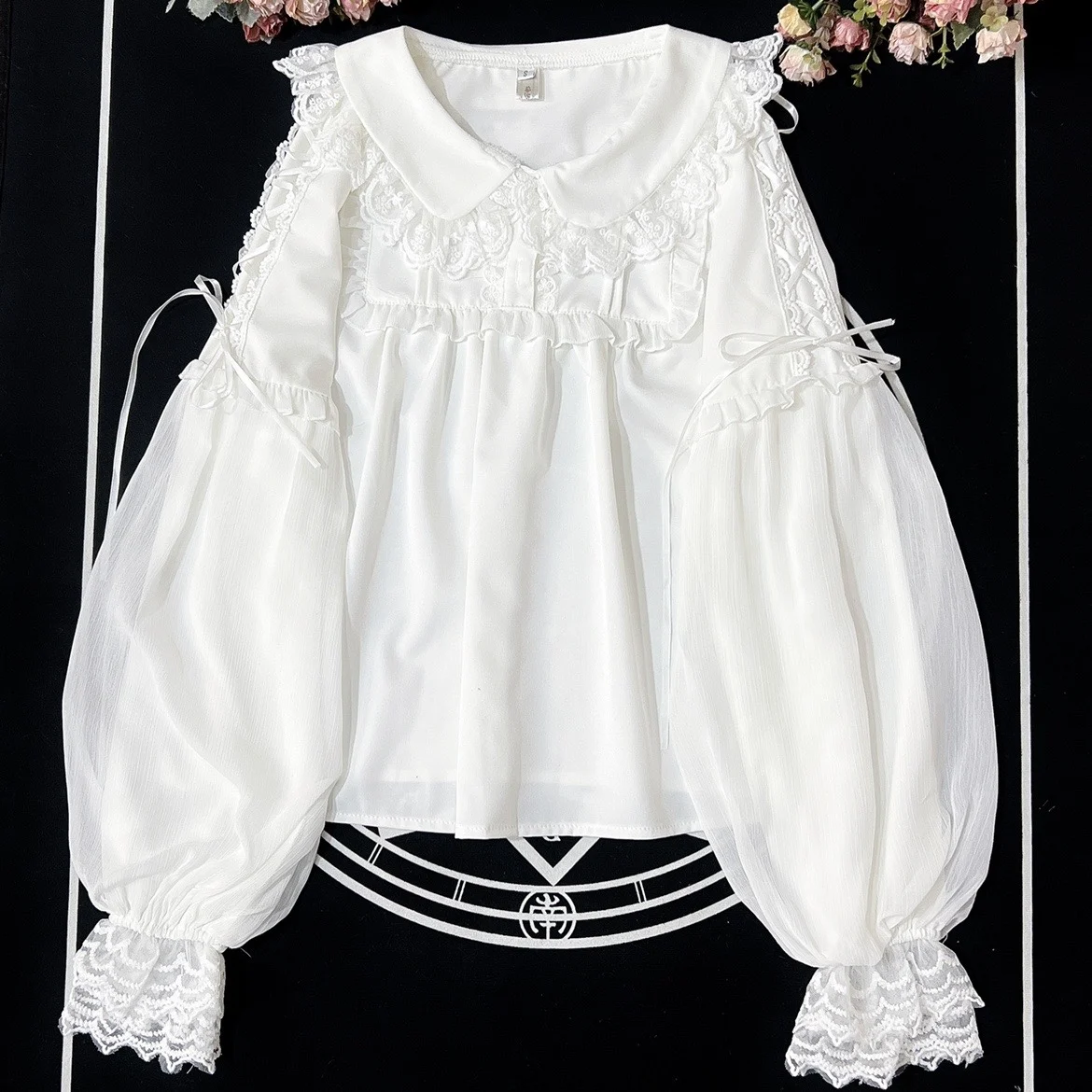 

NONSAR Cute Lolita Peter Pan Collar Blouse Women Sweet Bow Lace-up Ruffles Lace Trim Long Sleeve Shirt Kawaii Button-Up Shirts