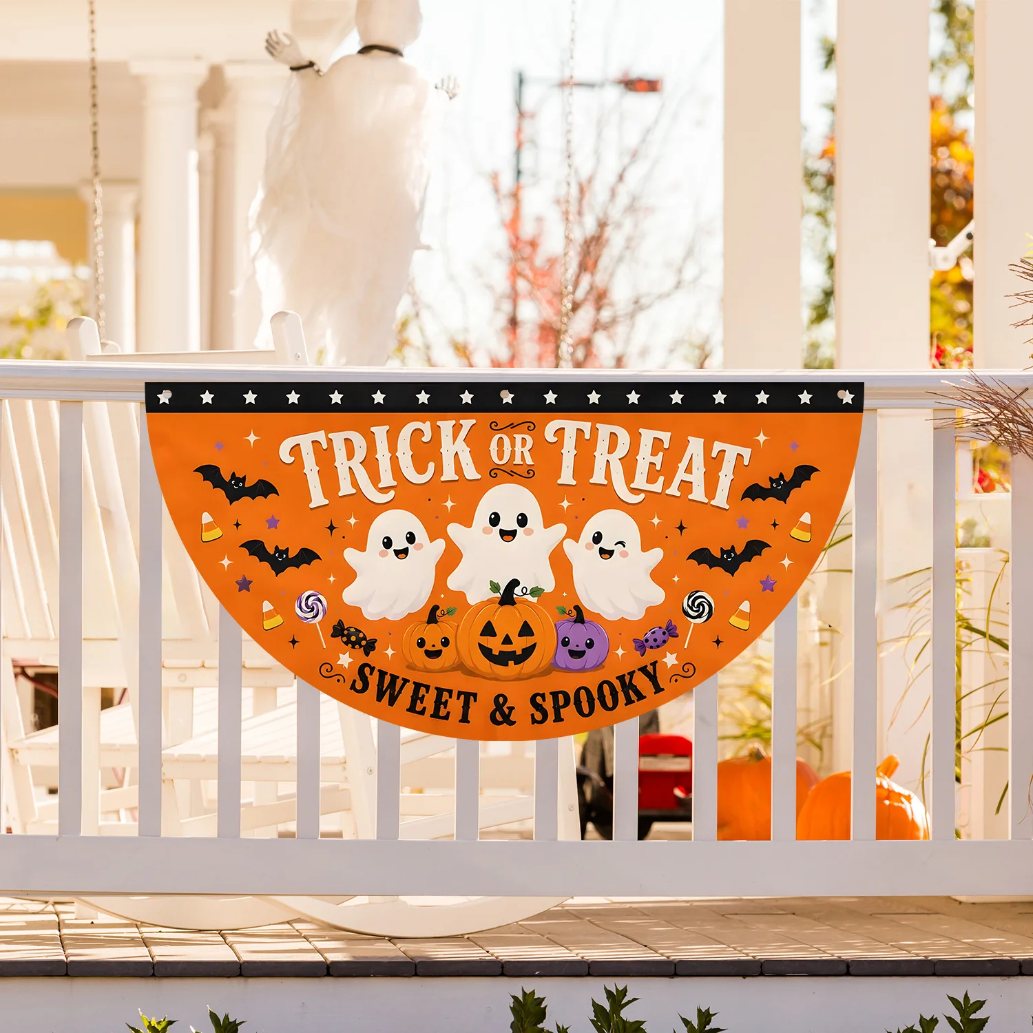 Trick or Treat Halloween Halbmond-Fanbanner, niedliches Geister-Kürbis-Fledermaus-Design, gruselige Hängeflagge für Tür, Garten, Zuhause, Dekoration – Detail 5