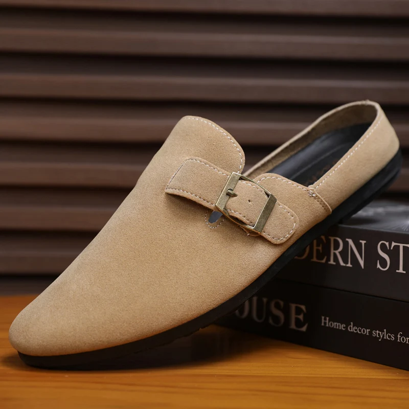 Summer Suede Leather Mules Men Backless Loafers Slippers Half Shoes For Man Open Back Casual Shoes Slip On Flats Slides Sandals