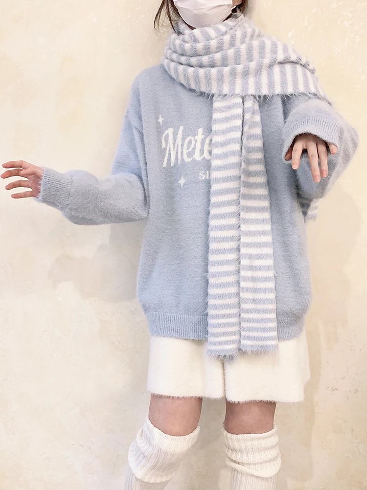 

Синий, белый полосатый вязаный шарф, женские осенне-зимние пушистые мягкие теплые шарфы