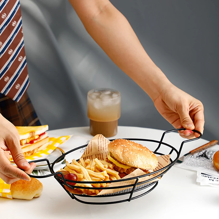 1PC Creative Oval double ear fries Fry Basket Snack Blue stainless steel fried chicken frame Bread basket Fried food frame