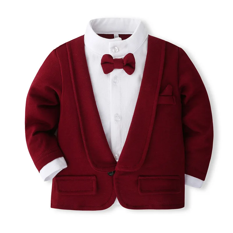 Spring Fall Newborn Boy Clothes Korean Fashion Red Gentleman Suit Cotton Long Sleeve Tops+Pants Baby Boutique Clothing Set BC639