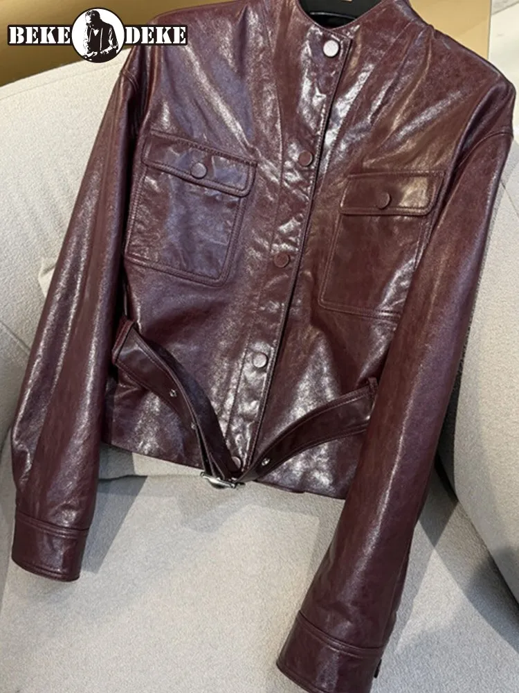 Concise Ladies Single-Breasted Pocket Genuine Leather Jackets Solid Color Stand Collar Long Sleeves Belt Sheepskin Outwear